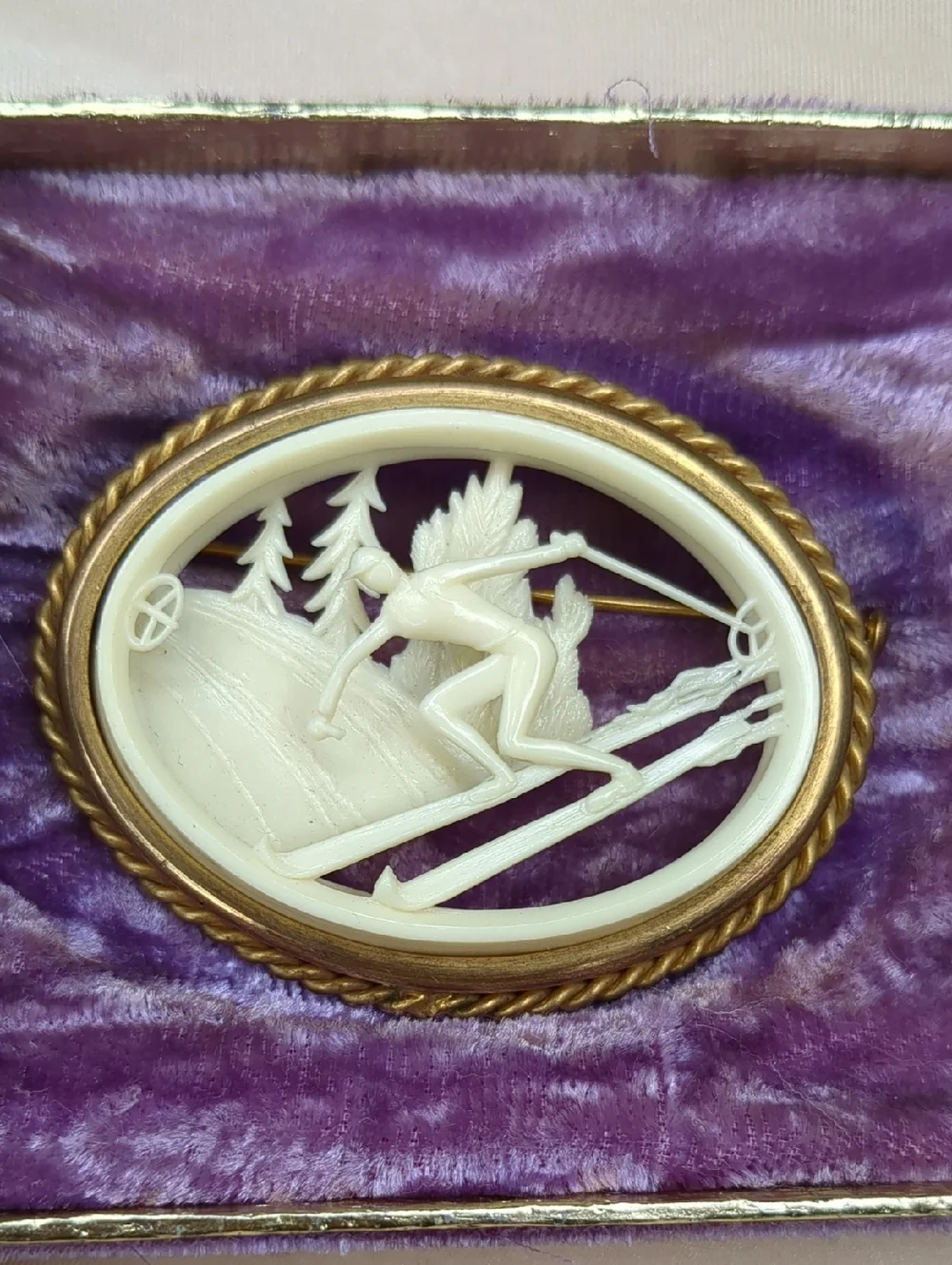 Art Deco Celluloid Carved Ski Brooch Despose France Attleboro Styled By Bliss